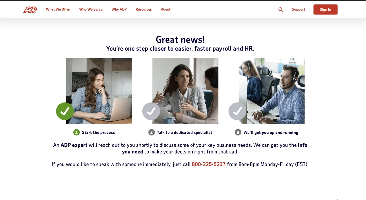 ADP after the pricing form: no number — a specialist will call. Source: adp.com, July 30, 2026