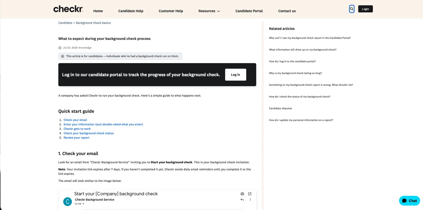 The real Checkr candidate email — how to recognize the legitimate domain · Source: help.checkr.com — what the real email looks like, July 30, 2026