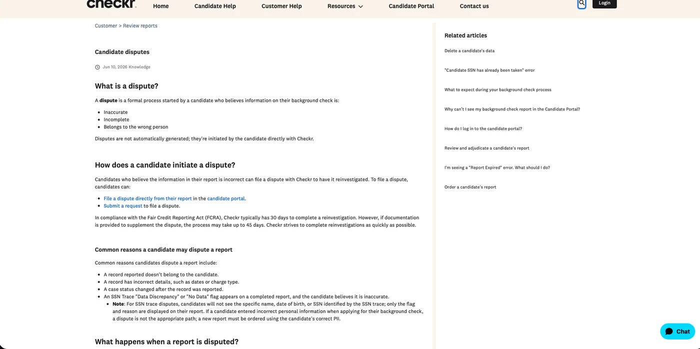 Filing a dispute in the Checkr candidate portal · Source: help.checkr.com, July 30, 2026