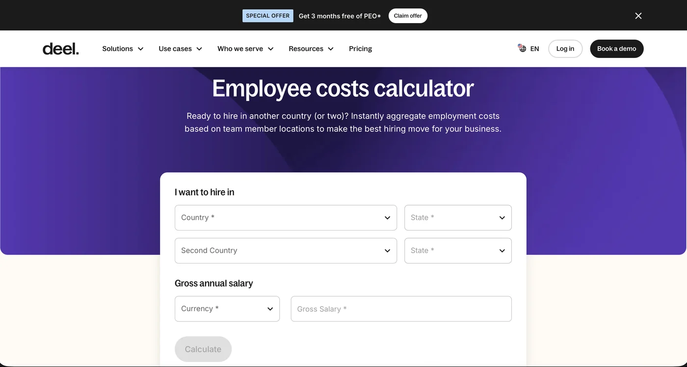 Deel’s public employee cost calculator — per-country cost before any sales call · Source: deel.com, July 30, 2026