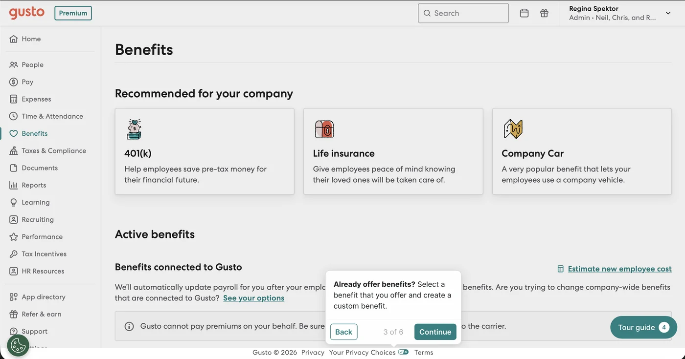Where the add-ons live: benefits and extras that change the bill · Source: Gusto public demo tour, July 30, 2026