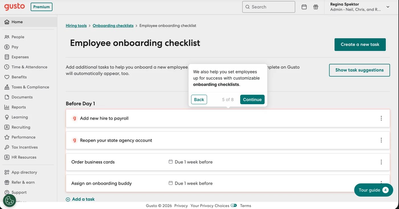 Gusto onboarding: company setup takes an evening, not a week · Source: Gusto public demo tour, July 30, 2026