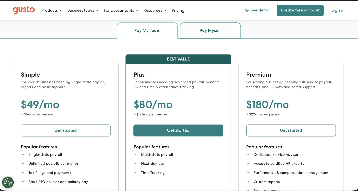 Gusto’s published pricing page: three plans, real numbers · Source: gusto.com/pricing, July 30, 2026