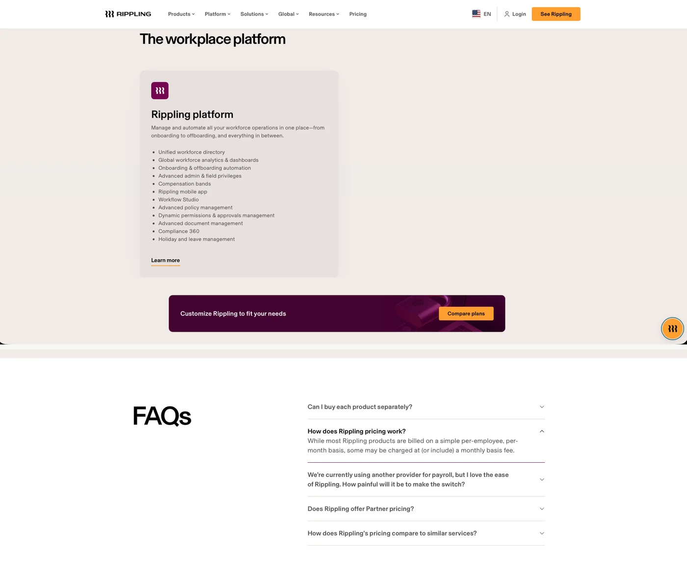 Rippling’s pricing page, July 30, 2026: product suites with feature lists and no prices anywhere — and the FAQ describing per-employee billing plus “a monthly basis fee” without a single figure · Source: rippling.com/pricing
